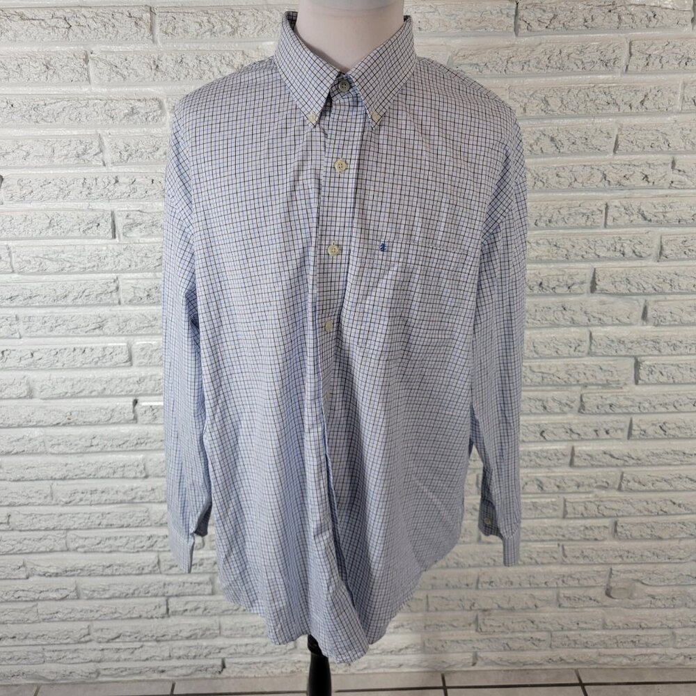 Izod Mens Shirt 2XL Long Sleeve Blue‎ Plaid Pocket Cotton Collar Button Up PLA7E